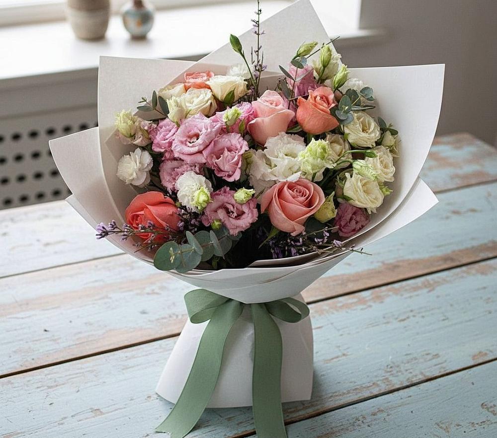 Букет цветов из: Розы, Лизиантусы и Гвоздики в Ломинцевский