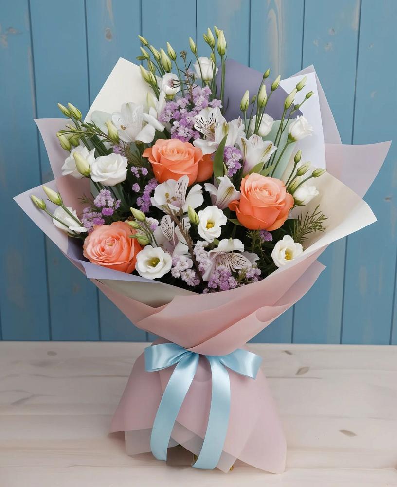 Букет цветов из: Лизиантусы, Розы, Альстромерии и Гипсофила в Ломинцевский