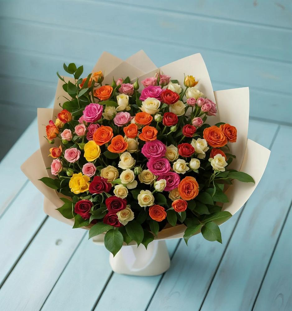 Букет Микс из разноцветных кустовых роз в Ломинцевский