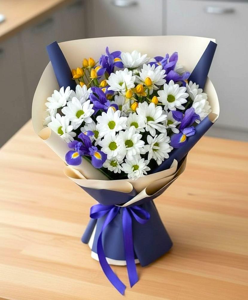 Букет цветов из: Розы, Ирисы и Хризантемы в Ломинцевский